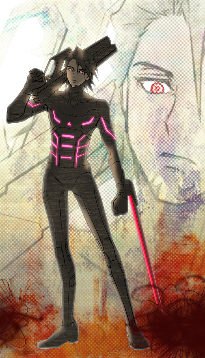 android, arm_blade, bad_id, black_hair, dark_skin, gun, h-01, highres