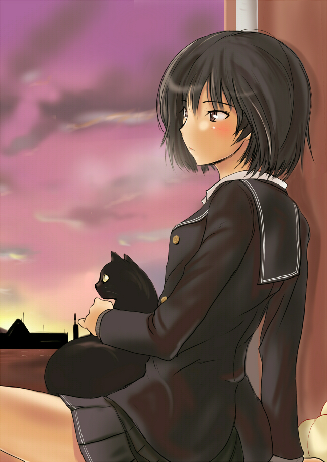 1girl, amagami, arm_support, black_cat, black_hair, bob_cut, brown_eyes, cardigan