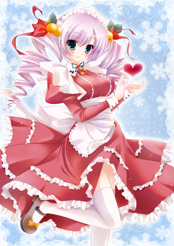 apron, bell, blush, bow, breasts, drill_hair, green_eyes, hair_ornament