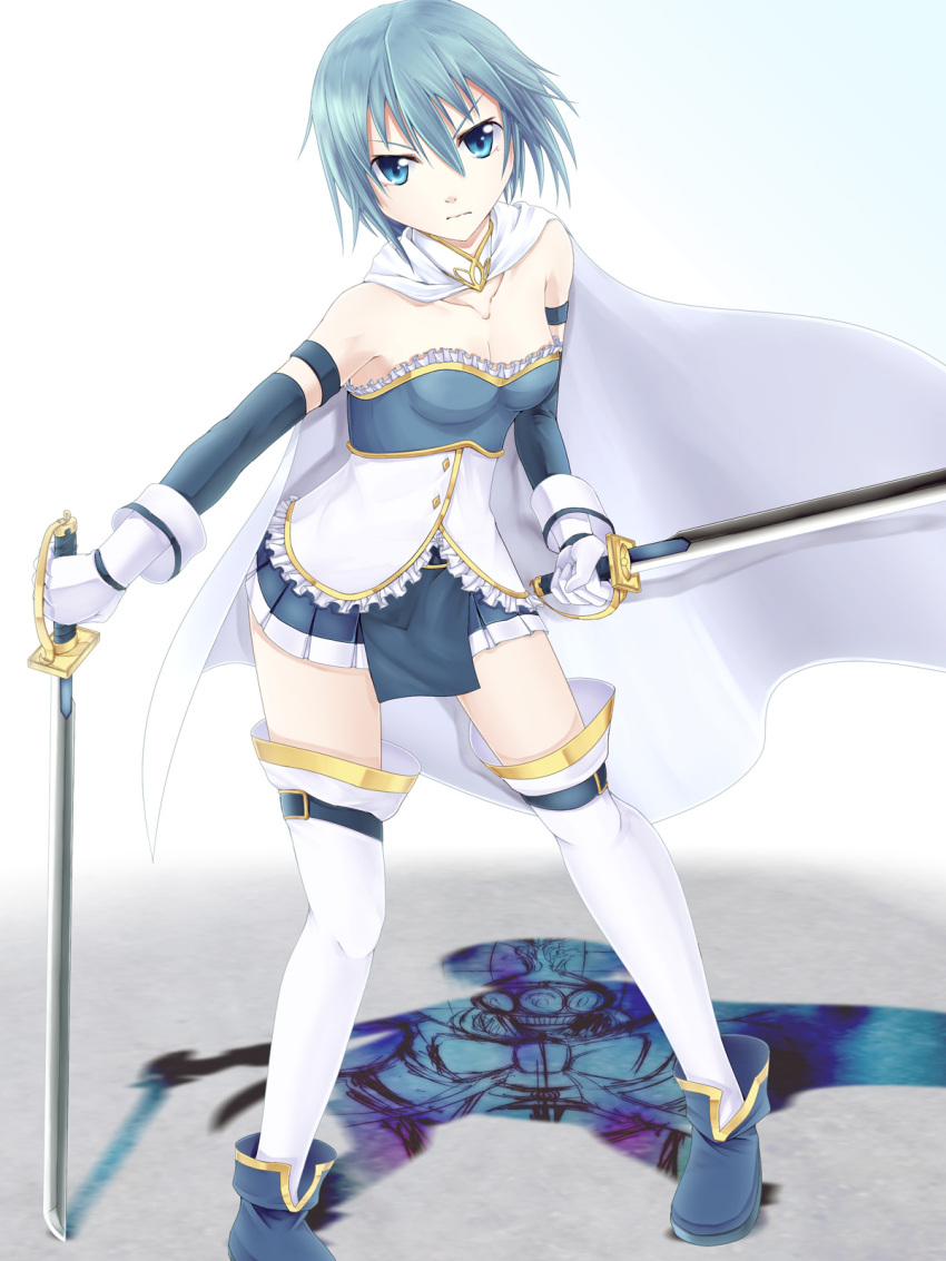 bare_shoulders, blue_eyes, blue_hair, boots, cape, gloves, highres, magical_girl, mahou_shoujo_madoka_magica, miki_sayaka, oktavia_von_seckendorff, pleated_skirt, shadow, shintani_kyou, shintani_s15, short_hair, skirt, spoilers, sword, weapon