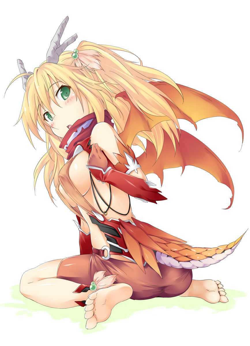 ass, bare_shoulders, barefoot, blonde_hair, breasts, dragon_girl, dragon_tail, dragon_wings, fang, feet, from_behind, gloves, green_eyes, hair_bobbles, hair_ornament, highres, horns, kuronyan, large_breasts, long_hair, looking_back, monster_girl, open_mouth, original, sideboob, simple_background, sitting, solo, tail, toes, twintails, wariza, wings