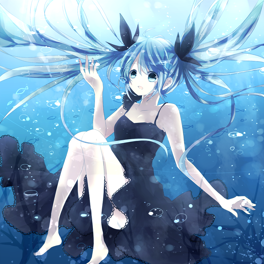 1girl, aqua_eyes, aqua_hair, bare_shoulders, bubble, dress, floating_hair, hatsune_miku