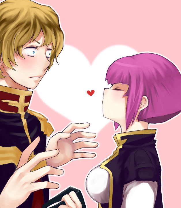 1girl, bad_id, blonde_hair, blush, char's_deleted_affair, char's_deleted_affair, char_aznable, closed_eyes, gundam, haman_karn, heart, incipient_kiss, magenta_hair, pink_hair, popi, short_hair, surprised, wide_eyed