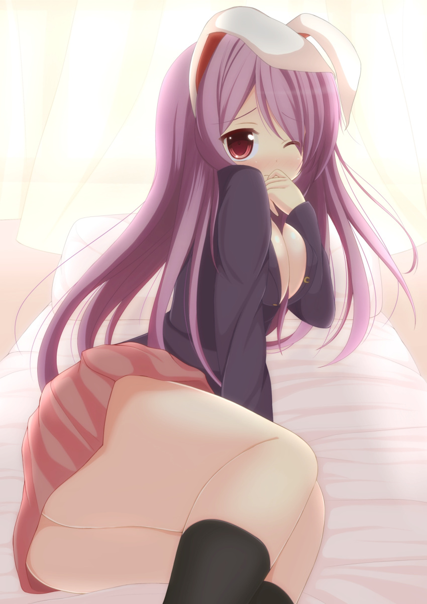 animal_ears, aoba_senkiri, bed, between_breasts, blush, breasts, bunny_ears, chimunge