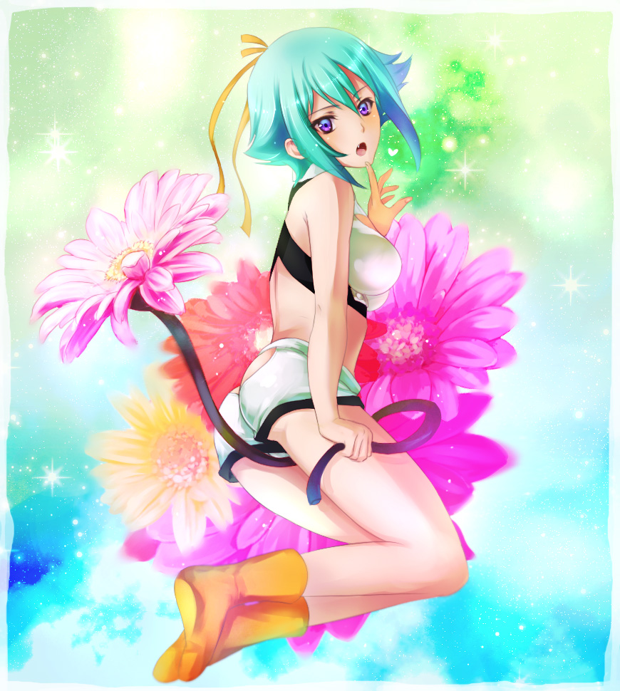 aquarion_evol, ass, bad_id, blue_eyes, boots, flower, furachi, green_hair, midriff, short_shorts, shorts, zessica_wong