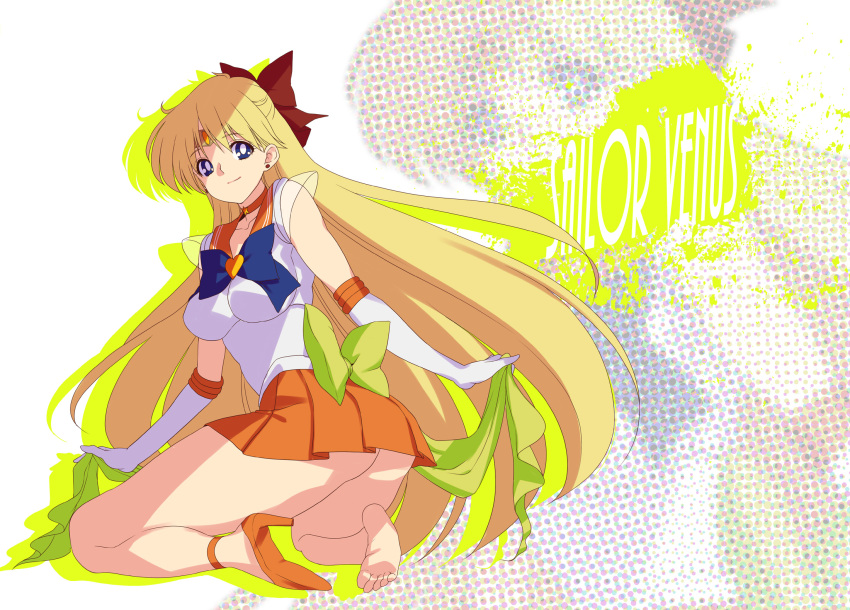 aino_minako, barefoot, bishoujo_senshi_sailor_moon, blonde_hair, blue_eyes, bow, breasts, castella, character_name, elbow_gloves, feet, gloves, hair_bow, half_updo, highres, kneeling, long_hair, magical_girl, no_panties, sailor_venus, single_shoe, skirt, smile, solo, super_sailor_venus, tiara, very_long_hair, white_gloves