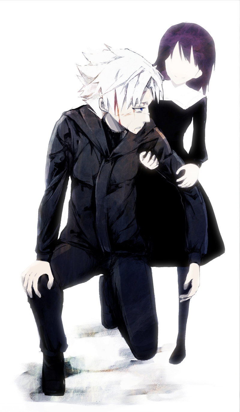 1girl, arm_grab, blood, blood_on_face, blue_eyes, child, dress, eyes_hidden, faceless, fate/stay_night, fate/zero, fate_(series), highres, injury, kneeling, looking_back, male, matou_kariya, matou_sakura, no_eyes, pantyhose, purple_hair, sea_(lordofk), short_hair, smile, snow, uncle_and_niece, white_hair, wound, wounded, young