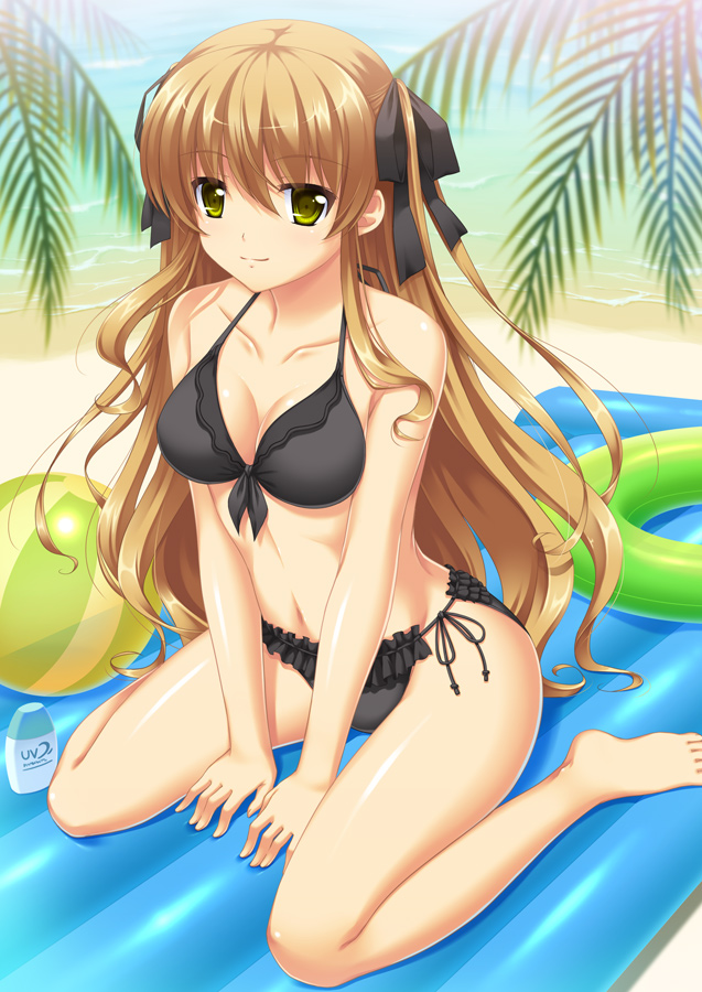 amanokobako, ball, barefoot, beach, beachball, bikini, breasts, brown_hair