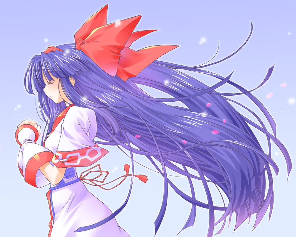 ainu_clothes, blue_background, blue_hair, bow, closed_eyes, eyes_closed, hair_ribbon, hands_clasped