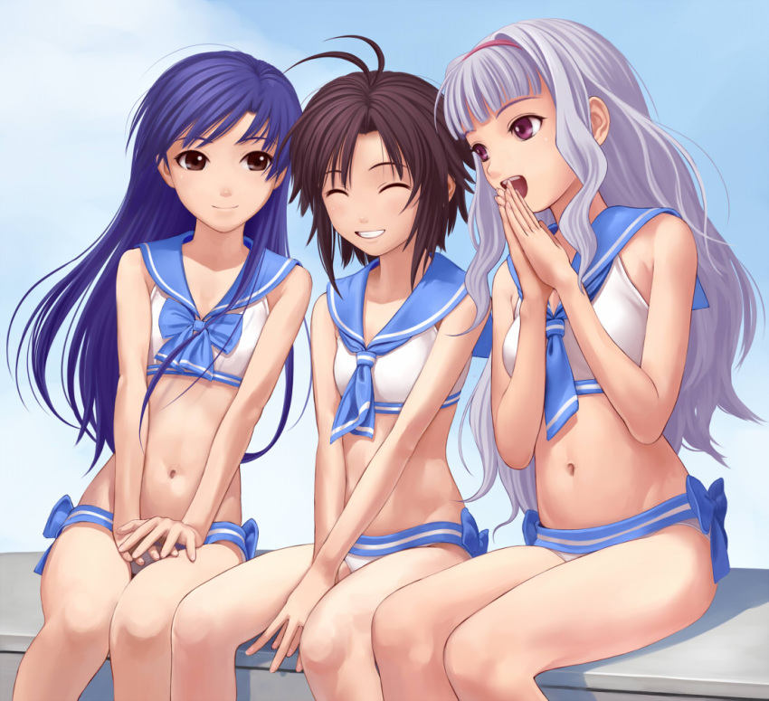 3girls, antenna_hair, bikini, black_eyes, blue_hair, bow, brown_eyes, brown_hair
