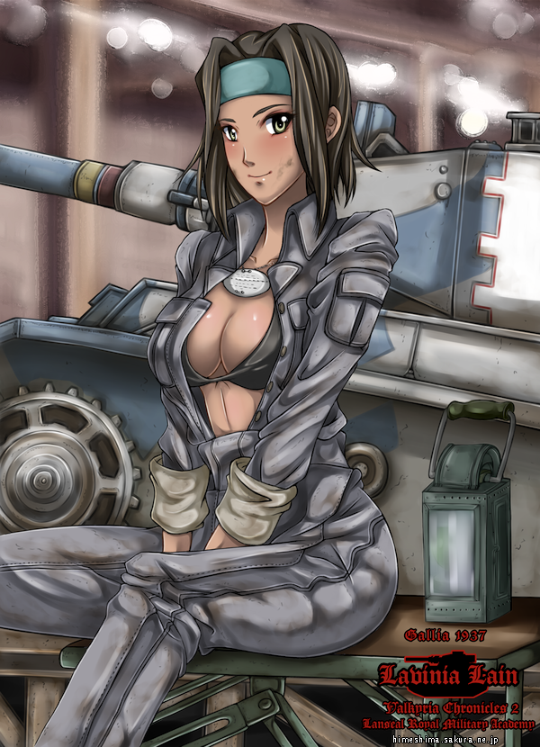 big_breasts, breasts, brown_hair, cleavage, dark_skin, dirty, female, headband, himeshima, lavinia_lain, long_hair, necklace, open_coat, senjou_no_valkyria, senjou_no_valkyria_2, sitting, solo, tank, yellow_eyes