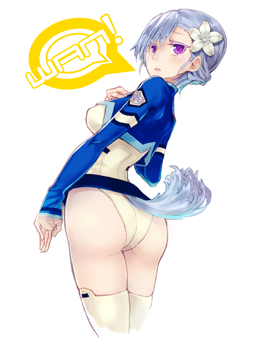 ass, asymmetrical_bangs, bangs, belt, blue_hair, dog_tail, fin_ay_ludo_sui_lavinty, fin_e_ld_si_laffinty, flower, hair_flower, hair_ornament, leotard, looking_back, ochakai_shinya, paw_pose, purple_eyes, rinne_no_lagrange, short_hair, sleeves_past_wrists, solo, tail, thigh-highs, thighhighs, violet_eyes, white_legwear