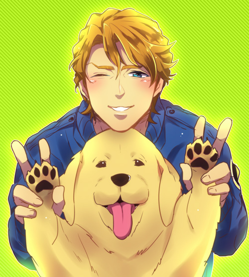 blonde_hair, blue_eyes, blue_jacket, bomber_jacket, dog, double_v, jacket, john_(tiger_&amp;_bunny)