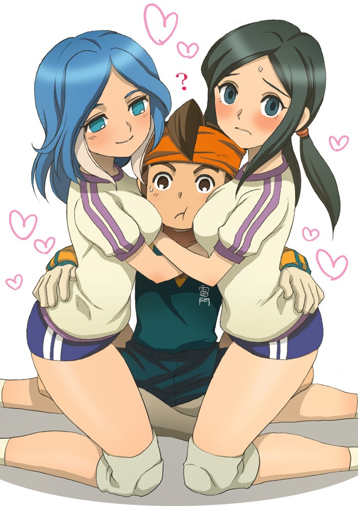 2girls, blue_hair, blush, breasts, brown_eyes, brown_hair, buruma, endou_mamoru