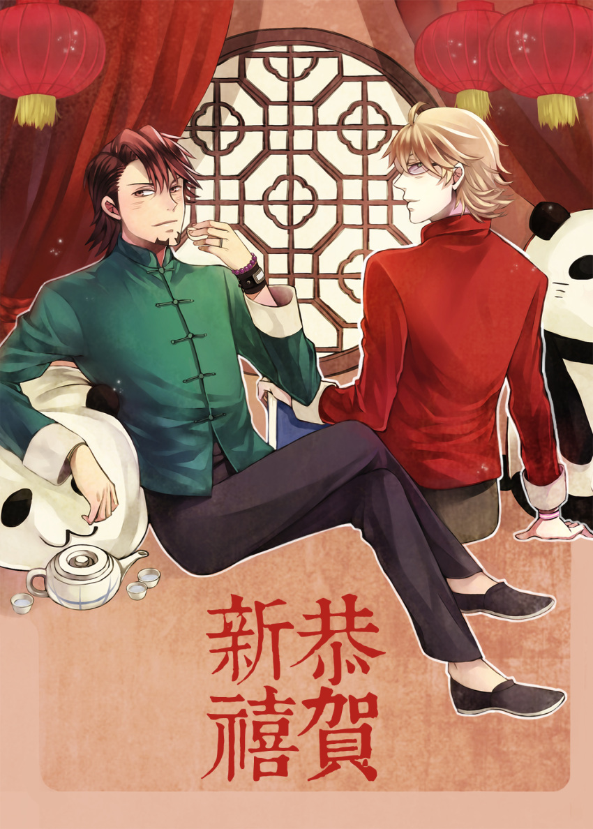 ahoge, barnaby_brooks_jr, blonde_hair, bracelet, brown_eyes, brown_hair, chinese_clothes, cup
