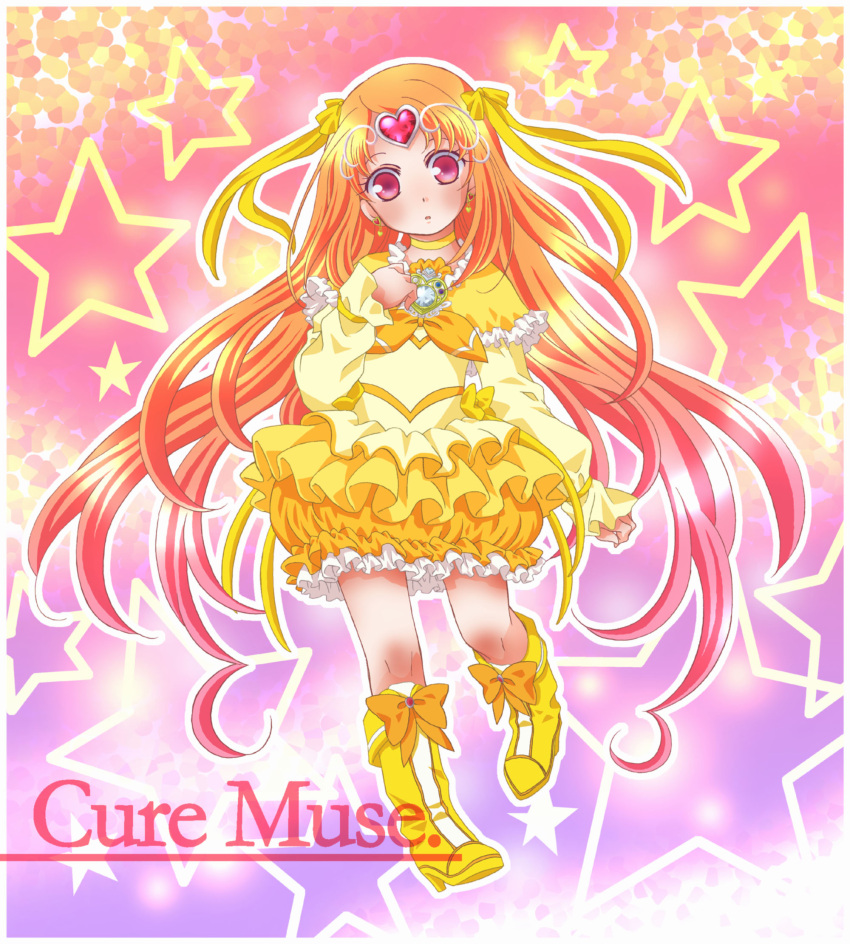 1girl, boots, bow, brooch, character_name, choker, circlet, cure_muse, cure_muse_(yellow), dress, frills, gradient, gradient_background, hair_ribbon, heart, highres, jewelry, long_hair, magical_girl, orange_hair, parara_kerusu, pink_background, precure, purple_background, red_eyes, ribbon, shirabe_ako, solo, star, starry_background, suite_precure, yellow_dress