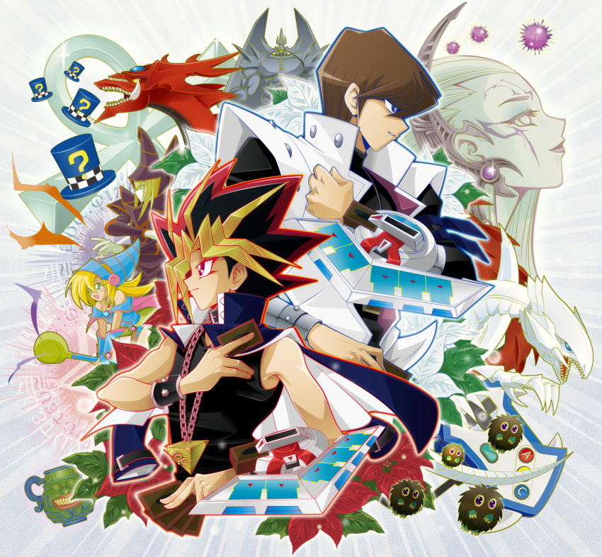 2boys, ?, blonde_hair, blue_eyes_white_dragon, brown_hair, card, clenched_hand, controller, dark_magician, dark_magician_girl, duel_disk, duel_monster, fangs, fist, game_controller, grin, gyakutenno_megami, hat, highres, holding, holding_card, jewelry, kaiba_seto, kuriboh, millenium_puzzle, millennium_puzzle, multicolored_hair, multiple_boys, necklace, obelisk_the_tormentor, open_mouth, paw_pose, pot_of_greed, slifer_the_sky_dragon, smile, spiked_hair, staff, summer_tree_(natsuking), teeth, wizard_hat, yami_yuugi, yu-gi-oh!, yuu-gi-ou, yuu-gi-ou_duel_monsters