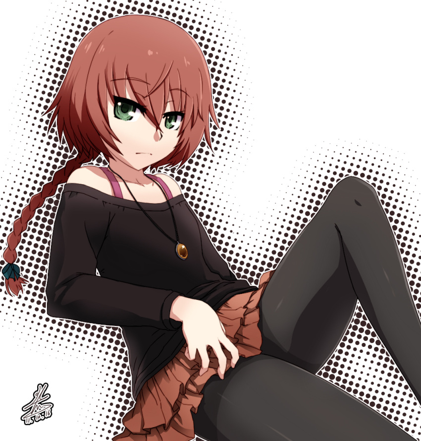 black_legwear, braid, darker_than_black, dated, green_eyes, jewelry, long_hair, looking_at_viewer, magma_chipmunk, magma_squirrel, necklace, pantyhose, red_hair, redhead, signature, single_braid, skirt, solo, suou_pavlichenko