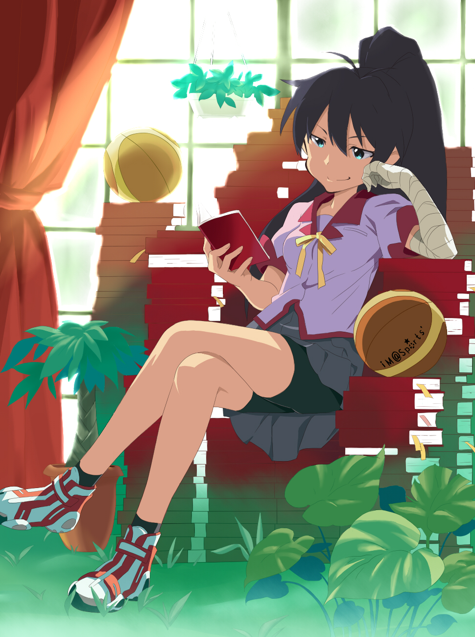 bakemonogatari, bandage, bandages, basketball, bike_shorts, black_hair, blue_eyes, book