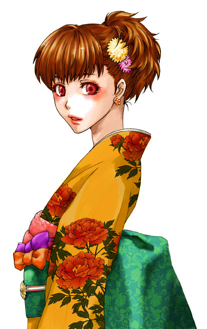 brown_hair, earrings, female_protagonist_(persona_3), japanese_clothes, jewelry, kagura_(artist), kagura_(momiji-iro), kimono, persona, persona_3, persona_3_portable, red_eyes