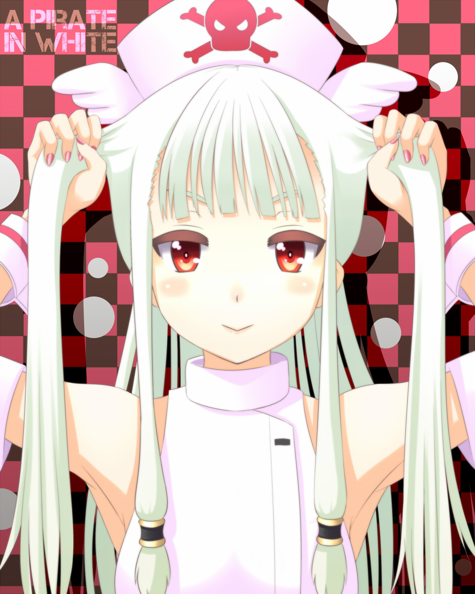 aqua_hair, arms_up, bare_shoulders, hair_tubes, hair_up, hat, highres, nurse