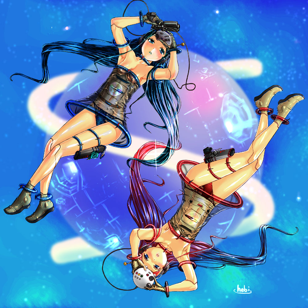 :o, armpits, arms_up, bad_id, bare_shoulders, black_hair, breasts, cleavage