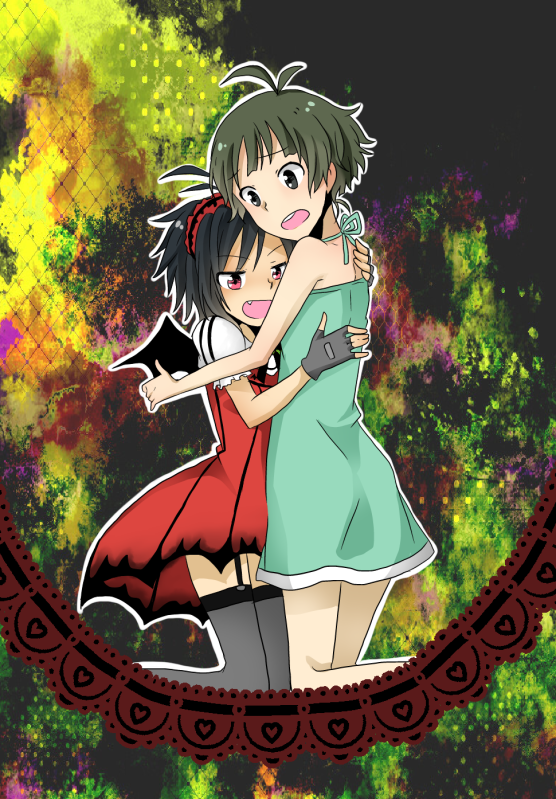 1boy, 1girl, bad_id, bat_wings, crossdressinging, dress, fang, fingerless_gloves