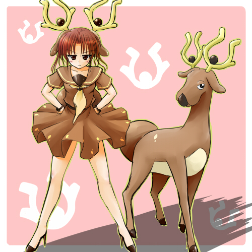 1girl, animal, animal_ears, antlers, bracelet, brown_eyes, brown_hair, costume