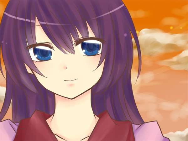 bakemonogatari, blue_eyes, blush, bust, long_hair, monogatari_(series), nisemonogatari, purple_hair