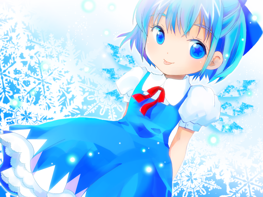 :p, arms_behind_back, blue_background, blue_eyes, blue_hair, cirno, dress, hair_ribbon, looking_at_viewer, naruki, petticoat, ribbon, short_hair, short_sleeves, smile, snowflakes, solo, star, star-shaped_pupils, symbol-shaped_pupils, tongue, tongue_out, touhou, wings
