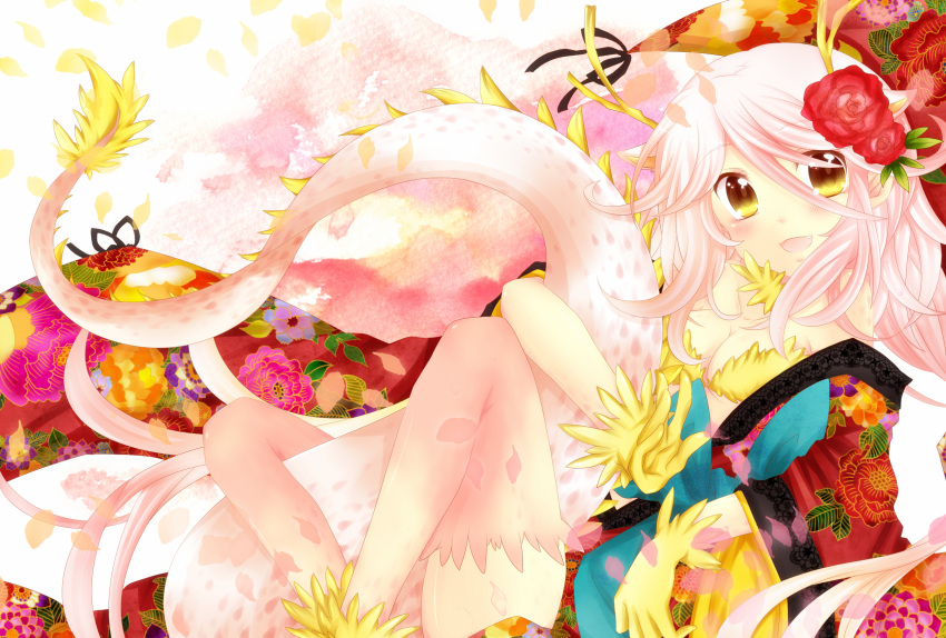 breasts, cleavage, dragon_ears, dragon_girl, dragon_horns, dragon_tail, floral_print, highres