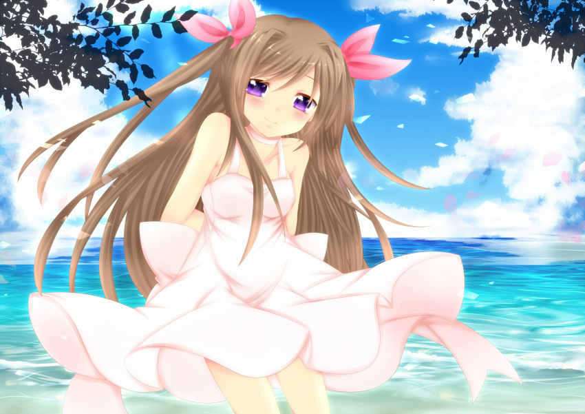 arms_behind_back, blush, brown_hair, dress, highres, long_hair, ocean, original
