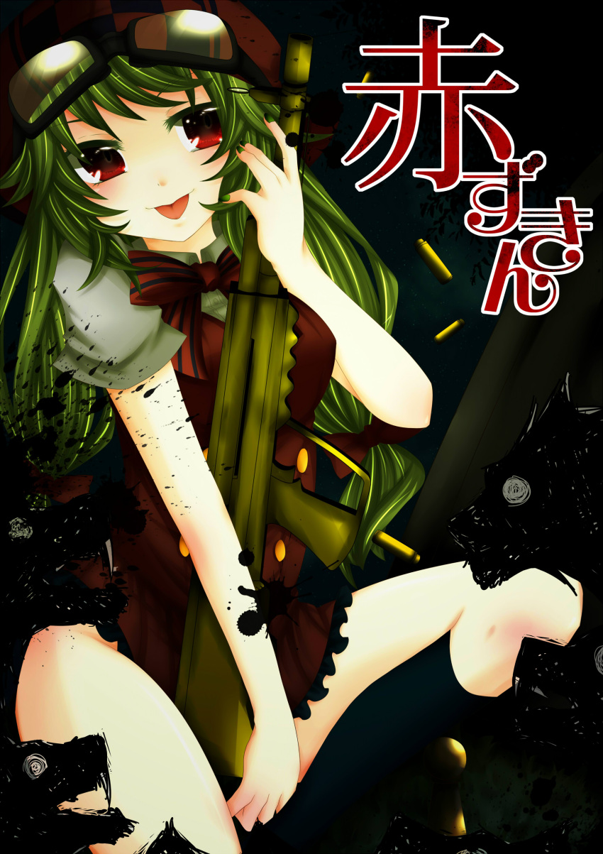 :p, absurdness, absurdres, alternate_hairstyle, goggles, goggles_on_head, green_hair, gumi
