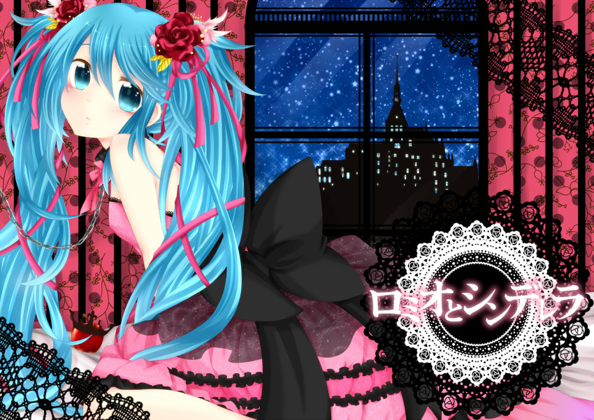 1girl, blue_eyes, blue_hair, bow, dress, flower, hair_flower, hair_ornament