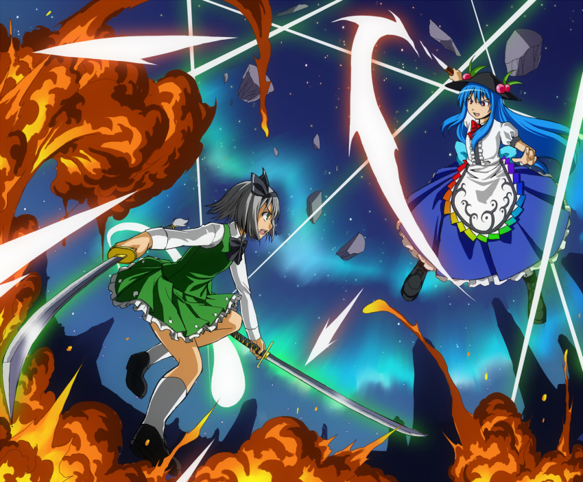 2girls, apron, battle, blue_hair, boots, dress, explosion, ghost