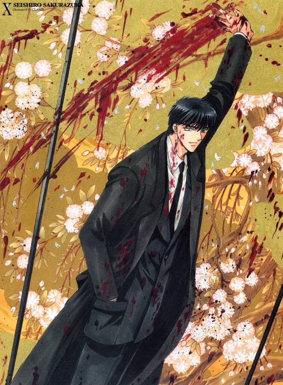 black_eyes, black_hair, blood, clamp, formal, necktie, one-eyed, overcoat, sakurazukamori_seishirou, short_hair, suit, x_(manga)