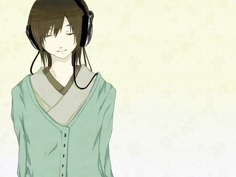 bad_id, brown_hair, closed_eyes, headphones, japanese_clothes, kimono, nagone_mako, ponytail