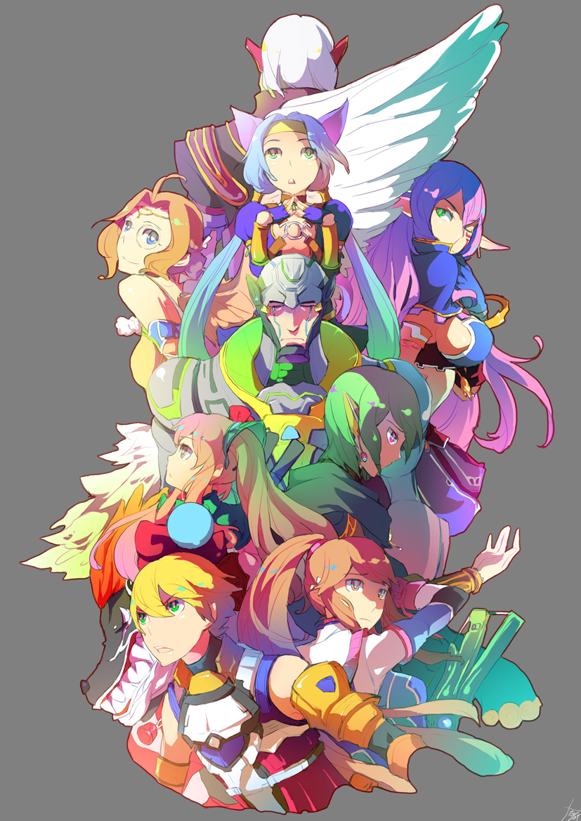 arumat_p._thanatos, bacchus_d-79, blonde_hair, blue_eyes, blue_hair, breasts, brown_eyes, brown_hair