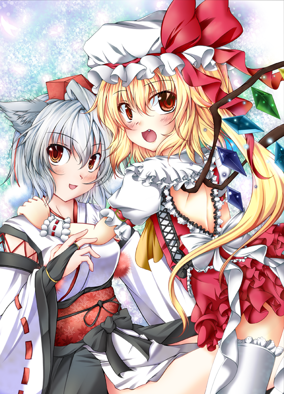 animal_ears, bare_back, blonde_hair, embellished_costume, fang, flandre_scarlet, frills, hat