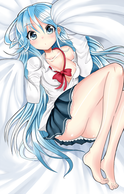 :o, bare_legs, bare_shoulders, barefoot, bed, blanket, blue_eyes, blue_hair