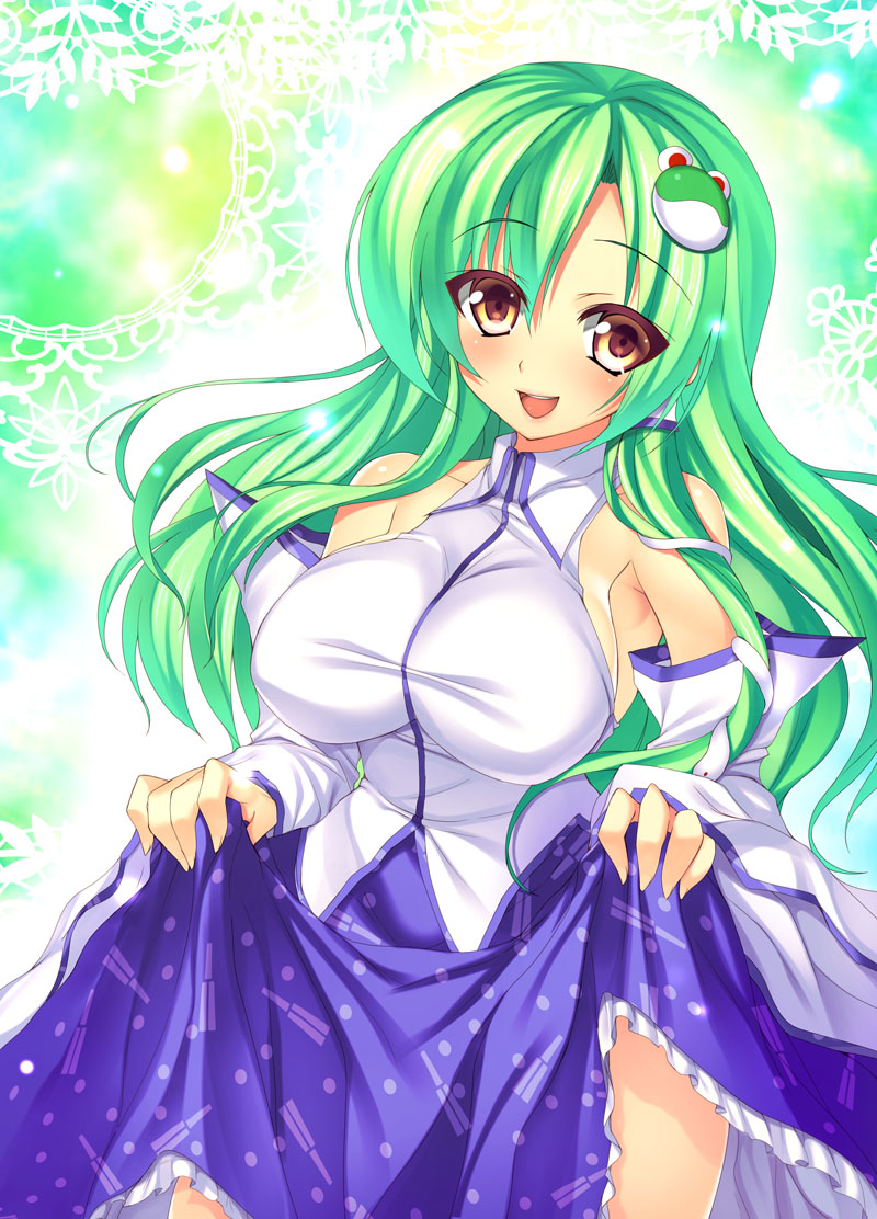 breasts, detached_sleeves, frog_hair_ornament, green_hair, hair_ornament, hair_tubes, kochiya_sanae, long_hair