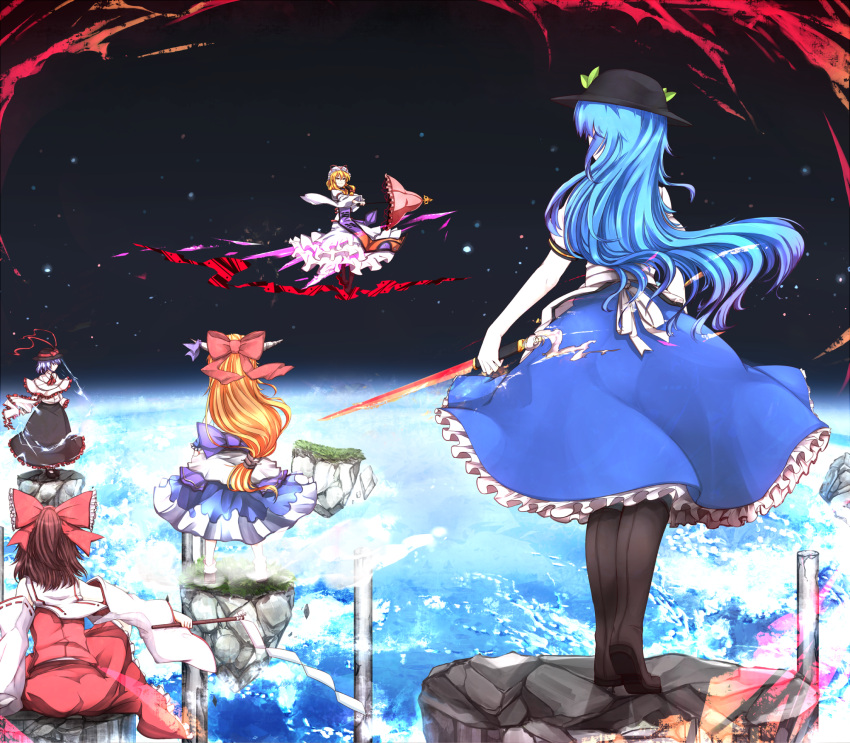 blonde_hair, blue_hair, boots, bow, brown_hair, gap, hair_bow, hakurei_reimu, hanamaru-s, hat, hat_bow, highres, hinanawi_tenshi, horns, ibuki_suika, keystone, long_hair, multiple_girls, nagae_iku, orange_hair, parasol, purple_hair, shawl, short_hair, skirt, space, sword, sword_of_hisou, tabard, touhou, umbrella, weapon, yakumo_yukari