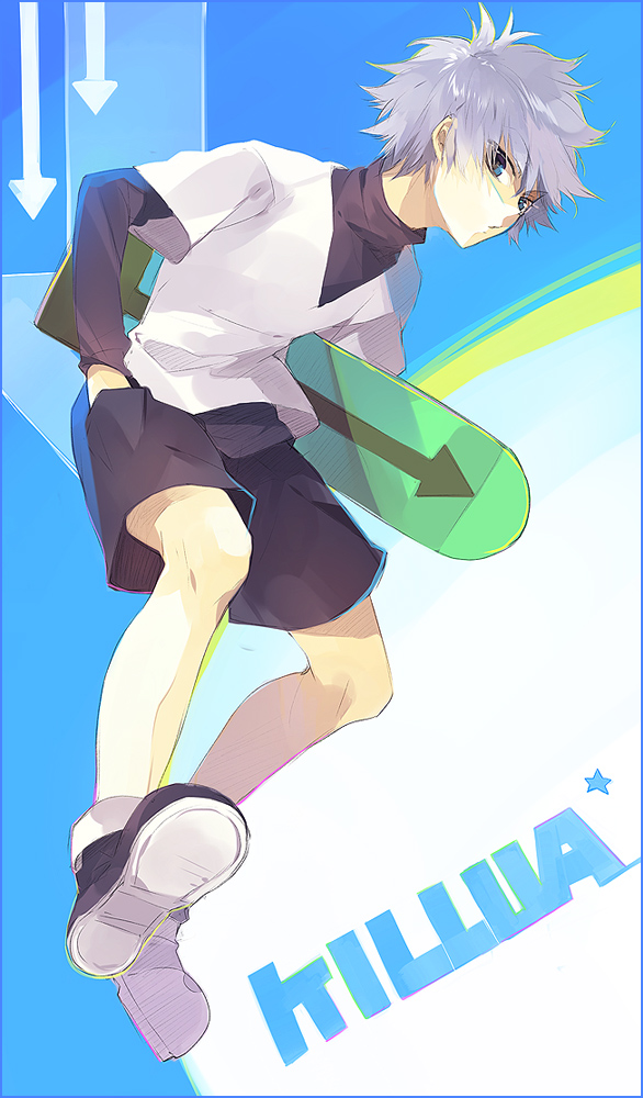 hssno108, hunter_x_hunter, killua_zoldyck, shoes, shorts, silver_hair, skateboard