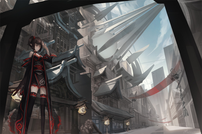 architecture, arm_up, banner, bare_shoulders, bell, black_hair, black_legwear, bob_cut