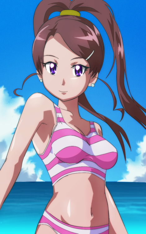 1girl, bikini, breasts, brown_hair, cleavage, digimon, digimon_xros_wars, earrings, high_ponytail, jewelry, manji_(tenketsu), ponytail, purple_eyes, solo, split_ponytail, striped, striped_bikini, striped_swimsuit, swimsuit, tenketu, violet_eyes