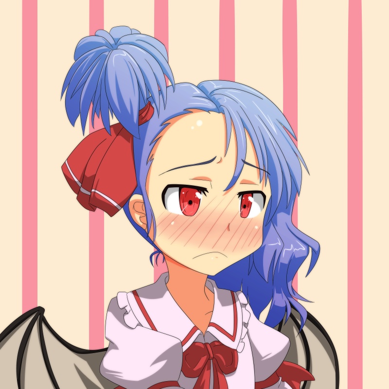 alternate_hairstyle, bat_wings, blue_hair, blush, bow, cato_(monocatienus), dress, embarrassed