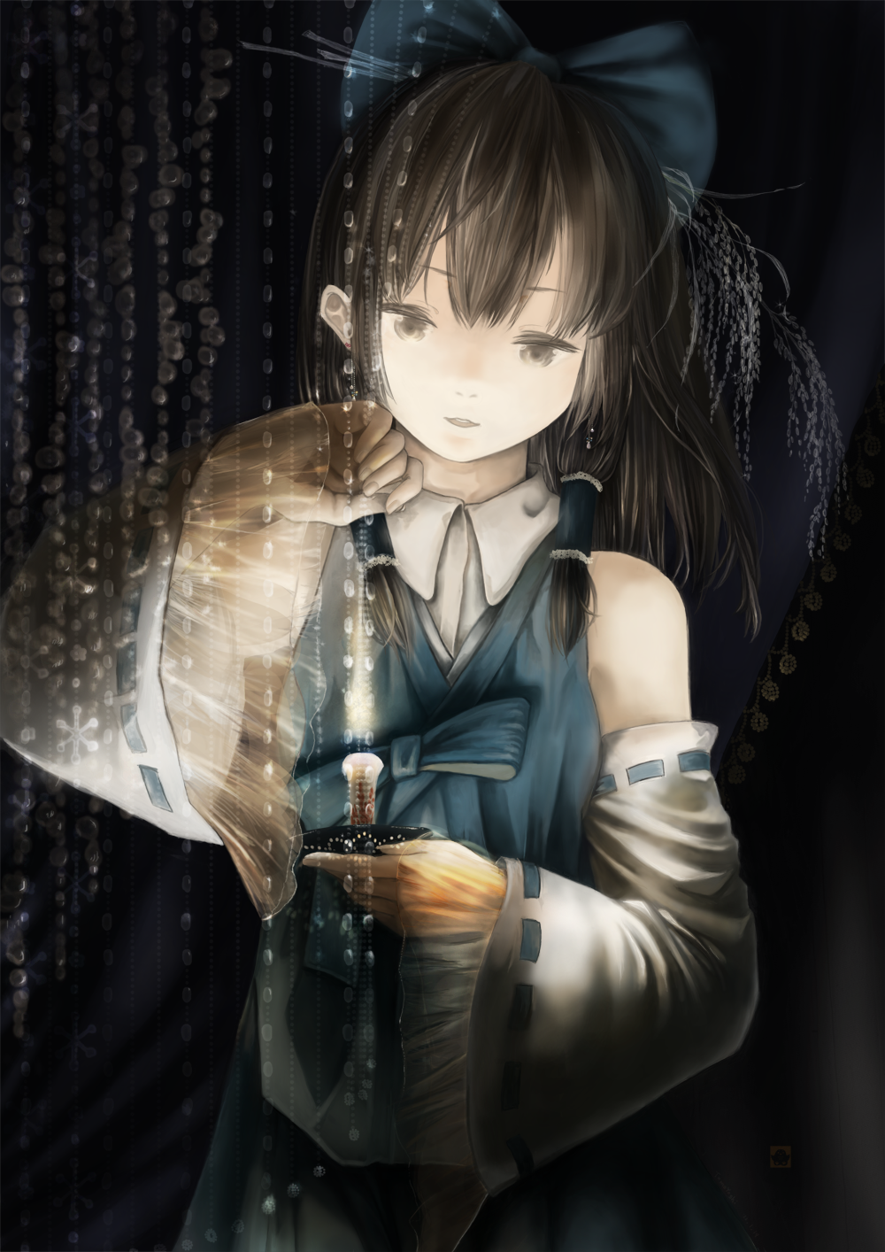 alternate_costume, bare_shoulders, bead_curtain, blue_dress, bow, brown_eyes, brown_hair, candlestick