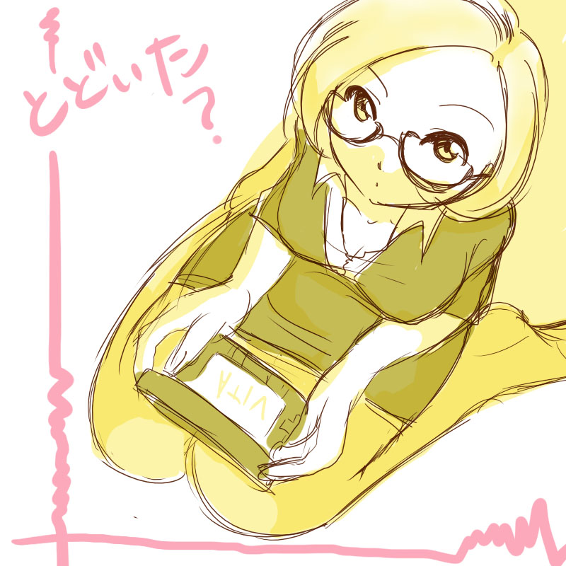 :o, down_blouse, from_above, glasses, itsuno_mani_koukannikki, looking_at_viewer, looking_up, nikki_(swapnote), nintendo, nintendo_3ds, short_hair, sitting, solo, swapnote, toragura, translated, translation_request, wariza, when_you_see_it, yellow