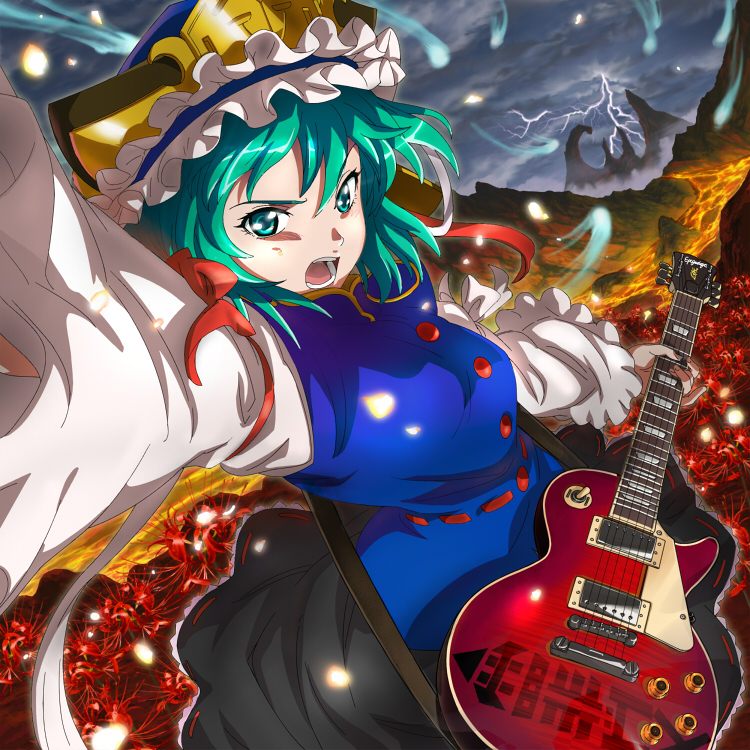 album_cover, cover, electric_guitar, flower, green_eyes, green_hair, guitar, hat