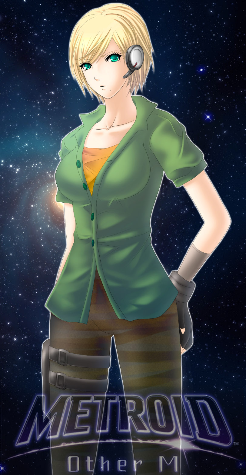 1girl, breasts, female, fingerless_gloves, galaxy, gloves, green_eyes, headset, highres, holster, kuroma_(atapi), metroid, metroid:_other_m, metroid_other_m, mole, pants, samus_aran, short_hair, short_sleeves, solo, thigh_strap, young